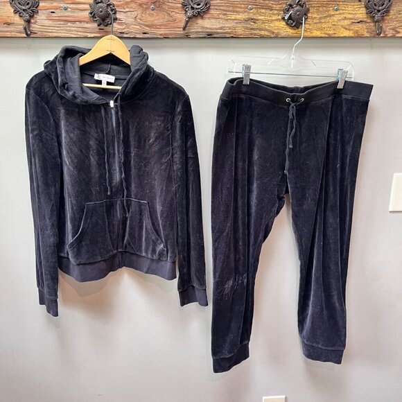 Vintage Juicy Couture Black Velour Tracksuit Set Zip Hoodie & Drawstring Pants X - Picture 1 of 5
